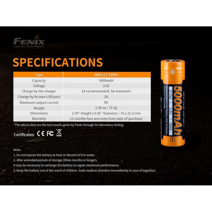 Fenix ARB - L21 - 5000U USB - C 21700 Battery - Hill and Dale Outdoors